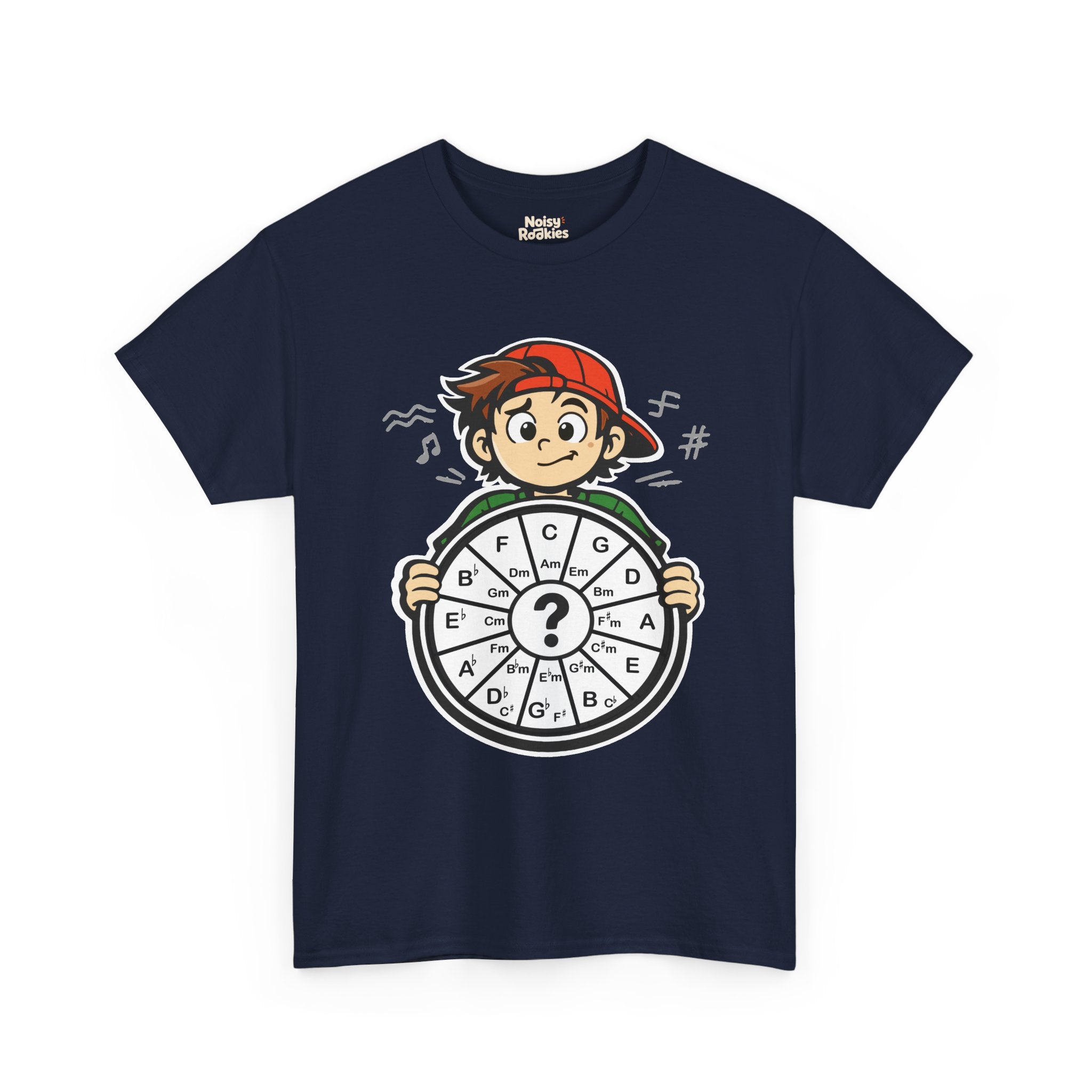 Dark-shirt design of a confused cartoon kid in a backward cap holding up a hand-drawn circle of fifths wheel with a large question mark in the center.