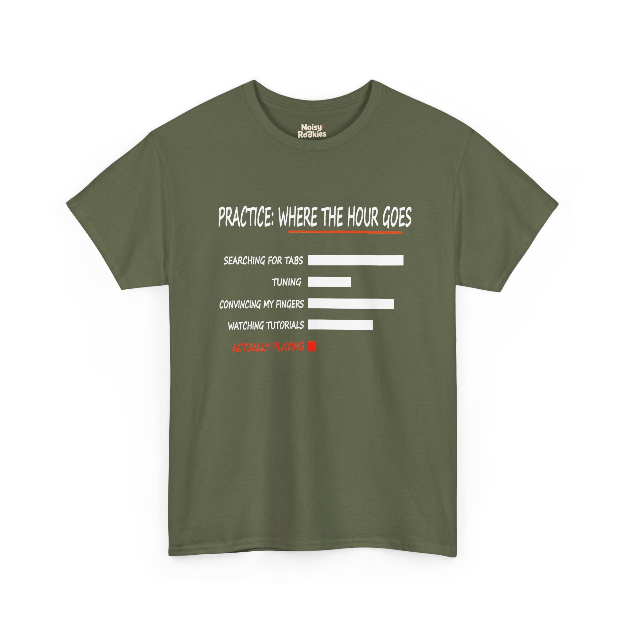 Minimalist bar chart printed in white outline on a dark t-shirt, headed PRACTICE: WHERE THE HOUR GOES in a hand-drawn condensed capital font with an orange brush underline. Five labelled rows read searching for tabs, tuning, convincing my fingers, watching tutorials, and actually playing, the first four as long hollow white bars and the last as a tiny solid red square with its label in red.