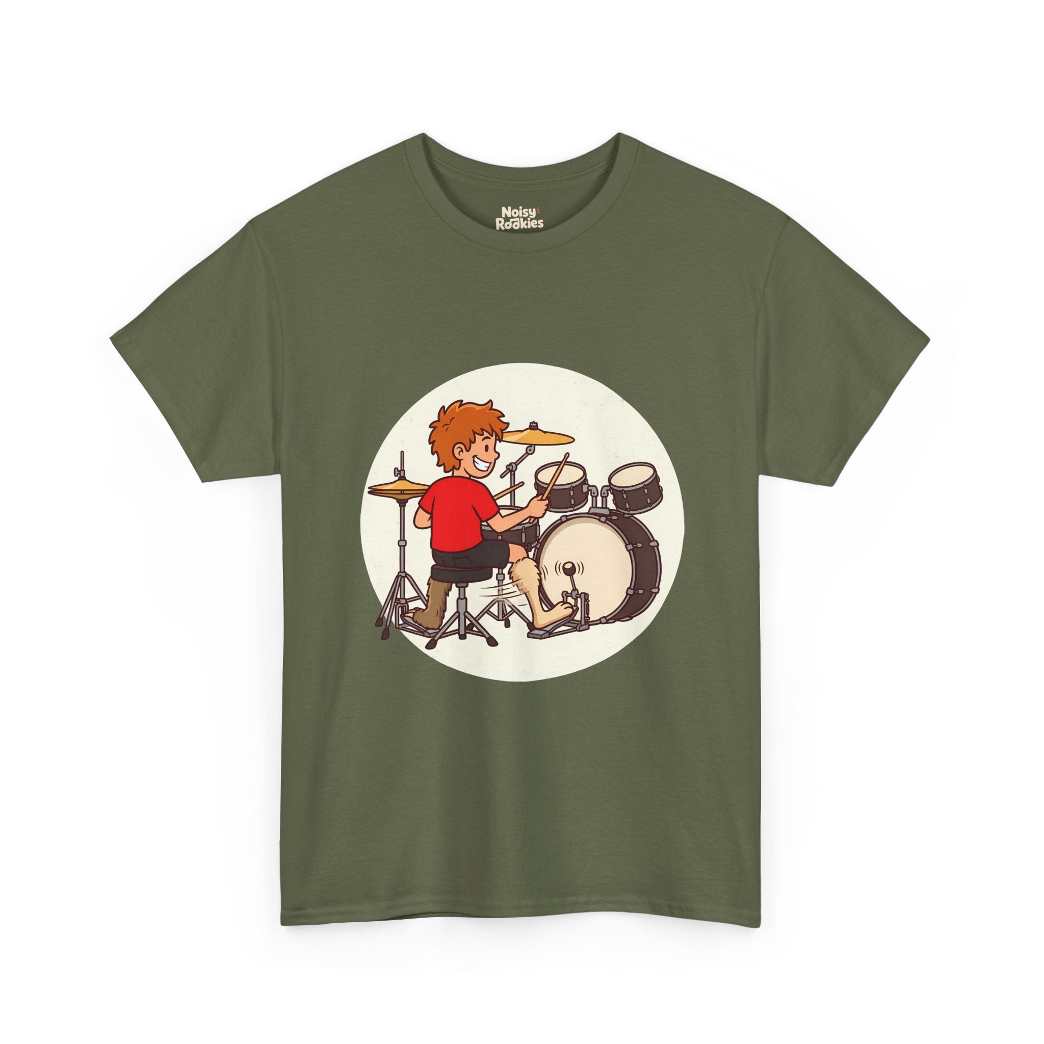 Cartoon of a grinning beginner drummer at a kit, seen from behind, with two mismatched furry animal legs, one fast rabbit foot on the bass pedal and one slow sloth foot on the hi-hat.