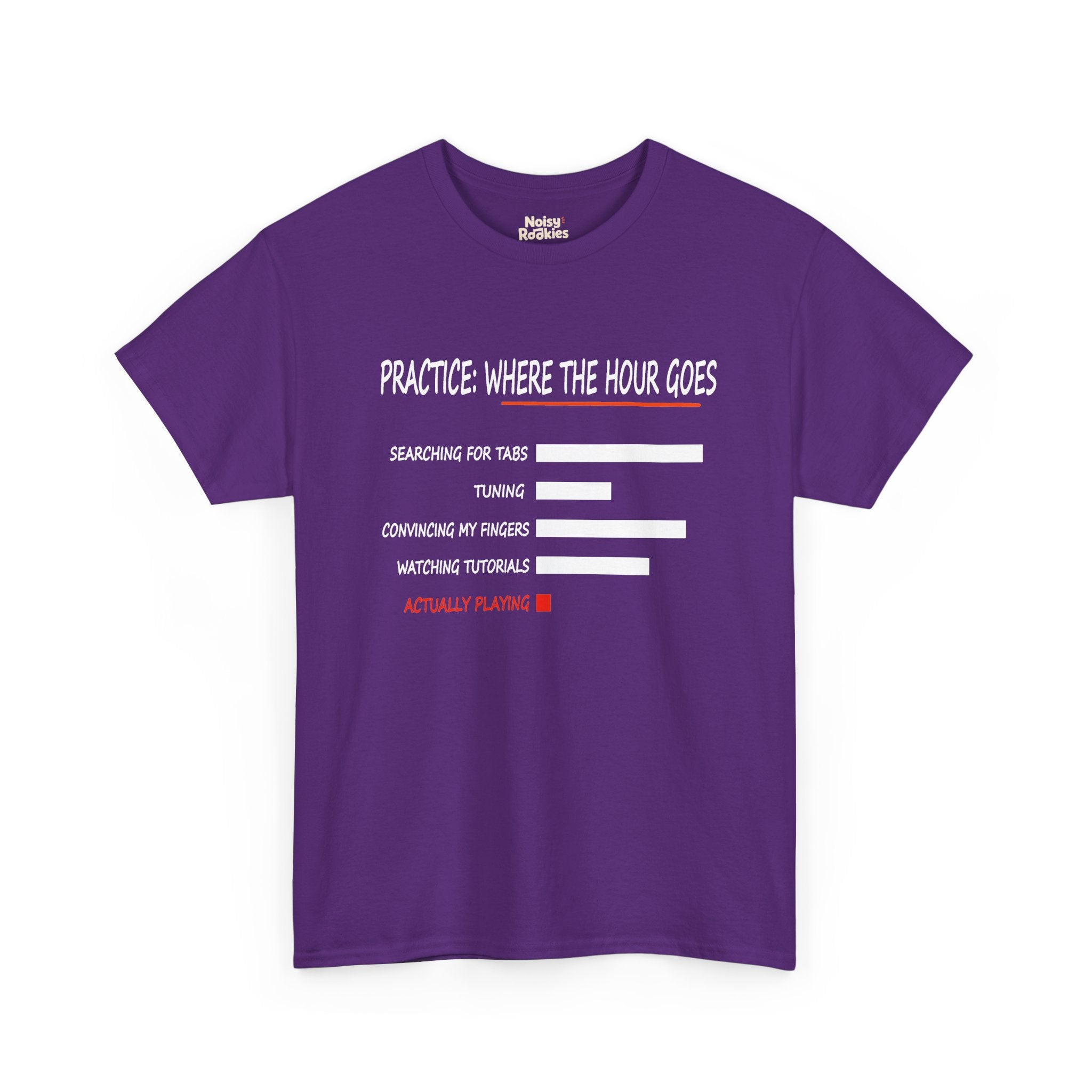 Minimalist bar chart printed in white outline on a dark t-shirt, headed PRACTICE: WHERE THE HOUR GOES in a hand-drawn condensed capital font with an orange brush underline. Five labelled rows read searching for tabs, tuning, convincing my fingers, watching tutorials, and actually playing, the first four as long hollow white bars and the last as a tiny solid red square with its label in red.