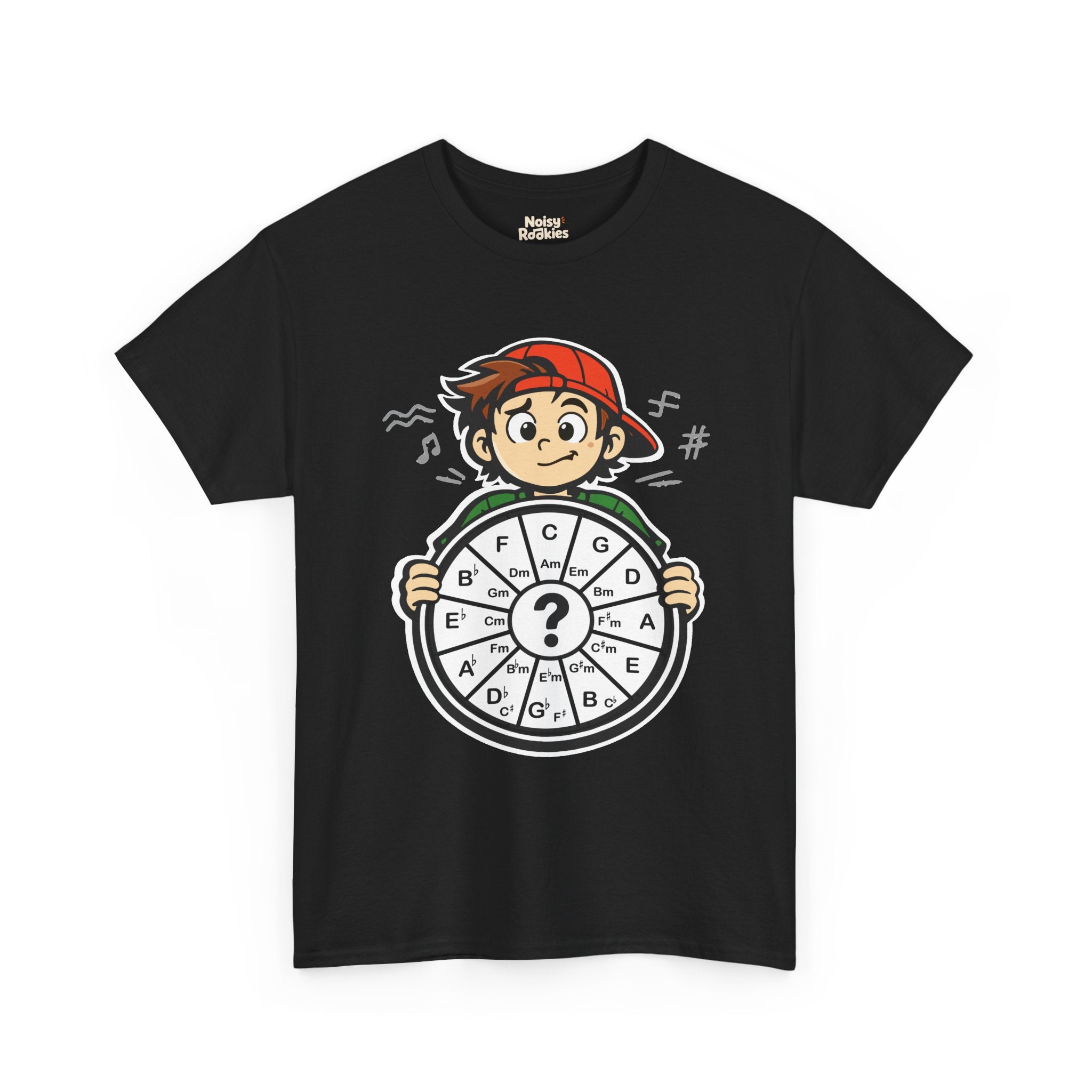 Dark-shirt design of a confused cartoon kid in a backward cap holding up a hand-drawn circle of fifths wheel with a large question mark in the center.