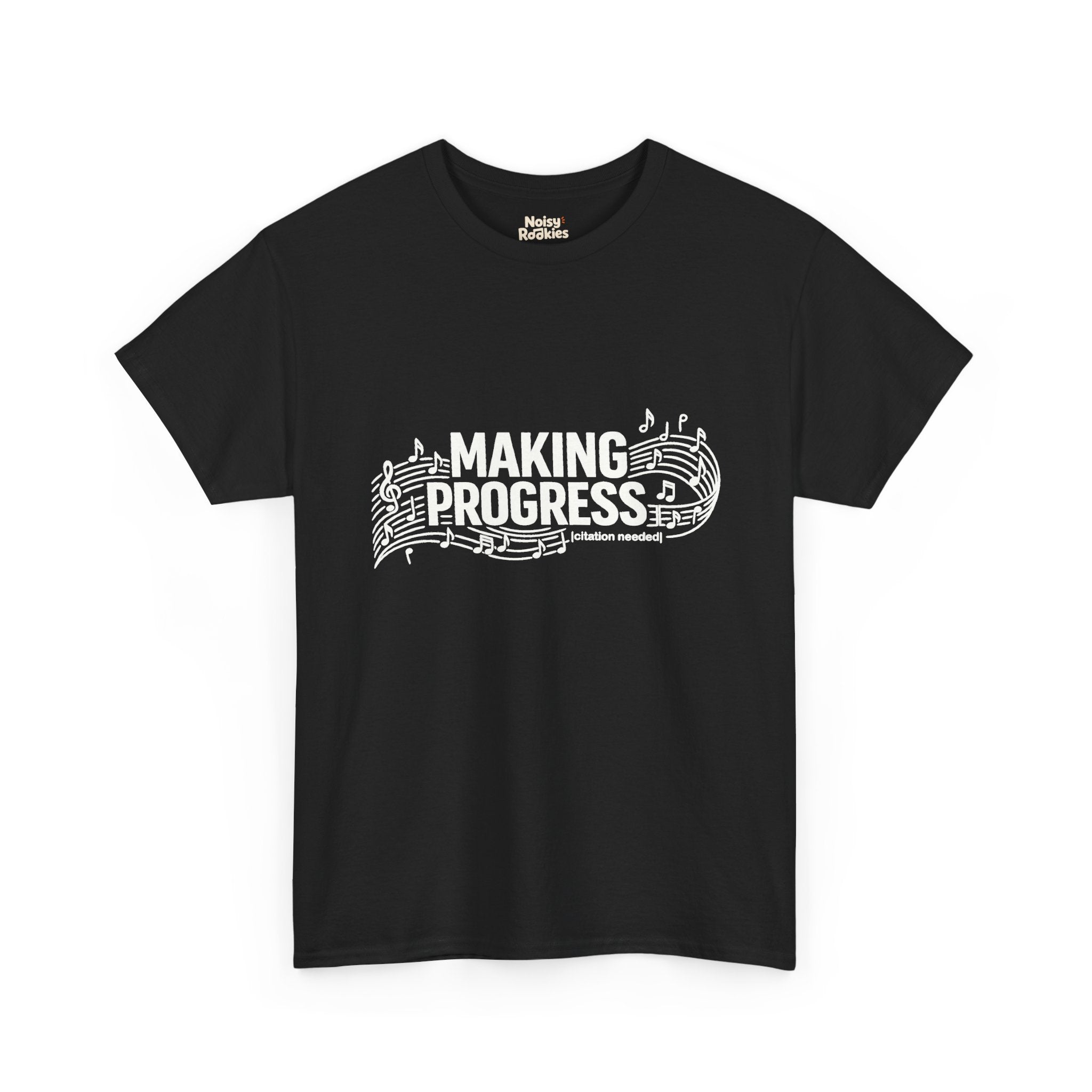 White t-shirt design reading MAKING PROGRESS with a small "citation needed" tag, woven through a flowing musical staff with a treble clef and scattered notes.