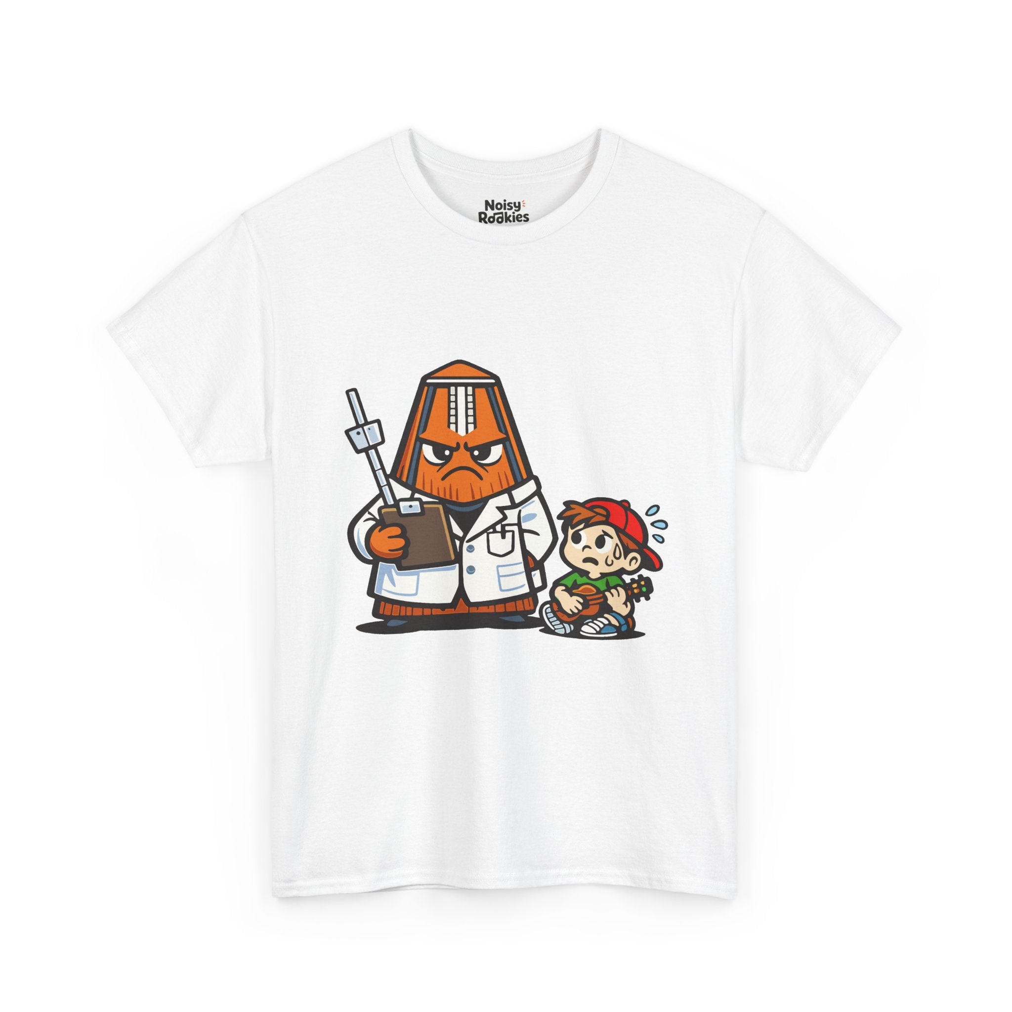 Light-shirt design of a cartoon metronome dressed as a stern doctor in a white coat holding a clipboard, with a nervous, sweating beginner sitting beside it.