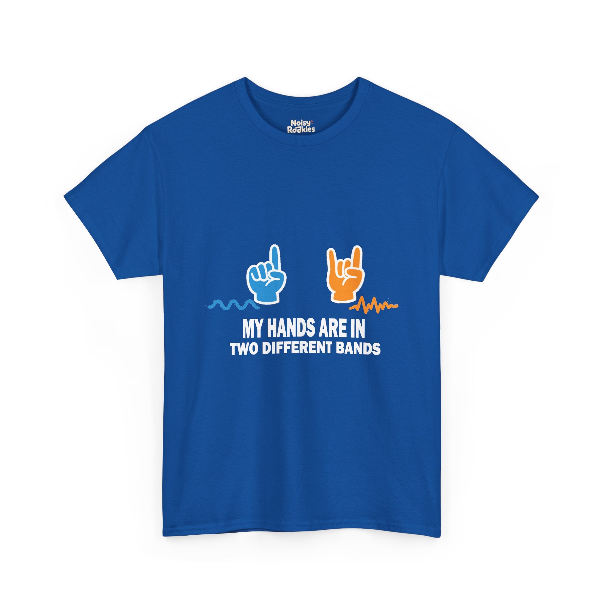 Light-ink t-shirt design of two hands making different gestures over two different sound waveforms, above the words My Hands Are in Two Different Bands.
