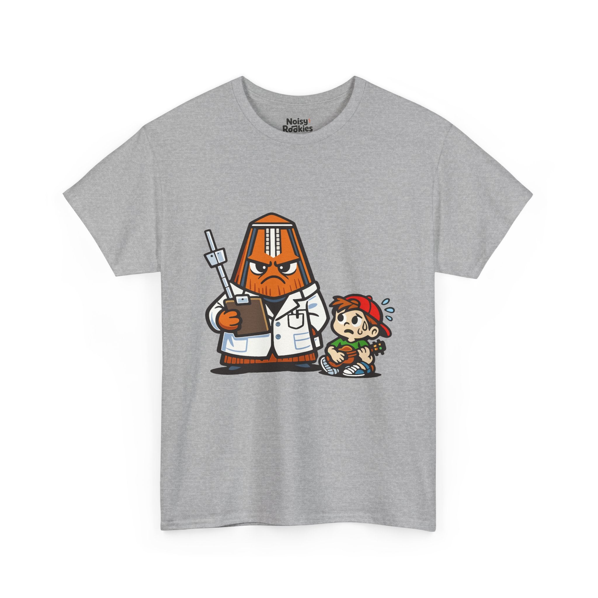 Light-shirt design of a cartoon metronome dressed as a stern doctor in a white coat holding a clipboard, with a nervous, sweating beginner sitting beside it.