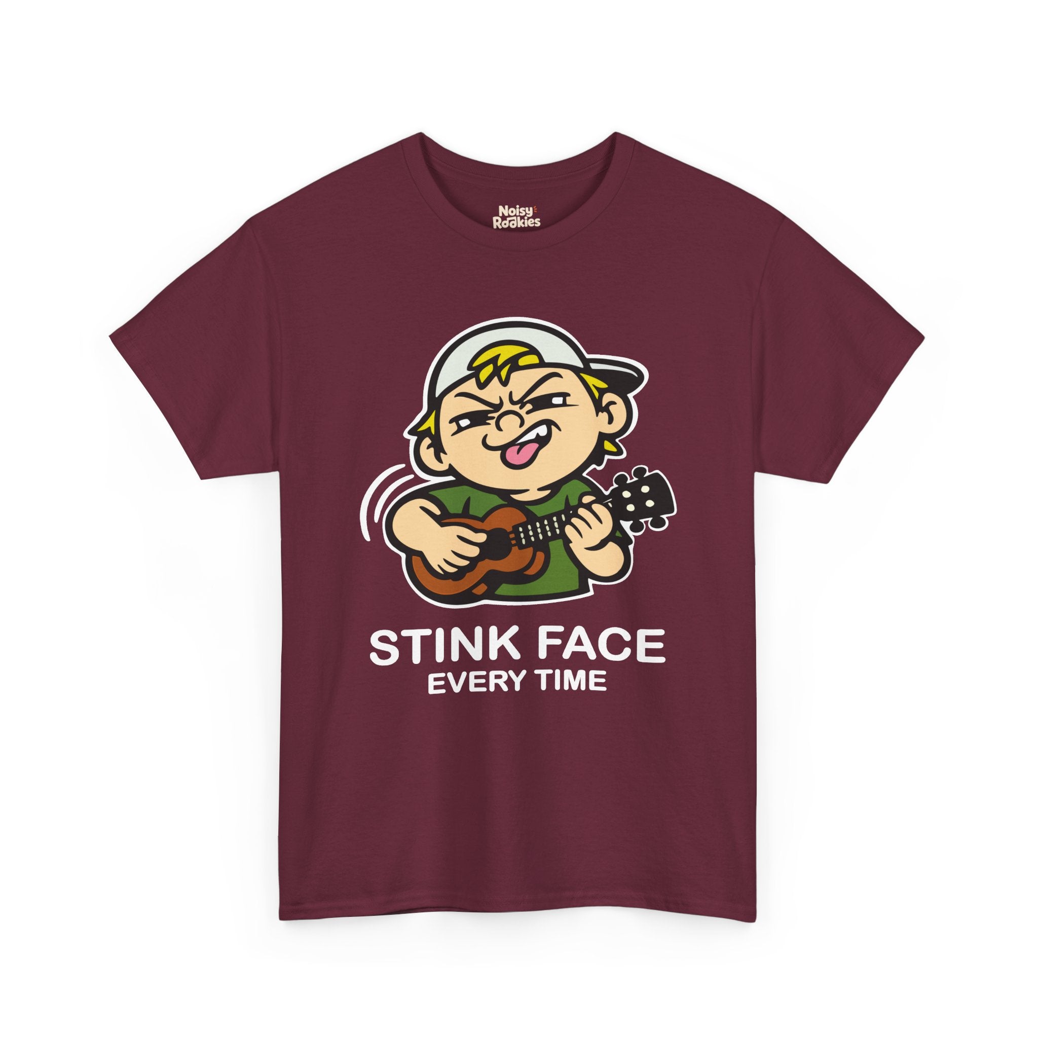 The same cartoon kid strumming a ukulele with the concentration grimace, outlined in a white keyline so the black linework lifts off a dark shirt. White caption beneath reads STINK FACE on the first line and EVERY TIME on the second.