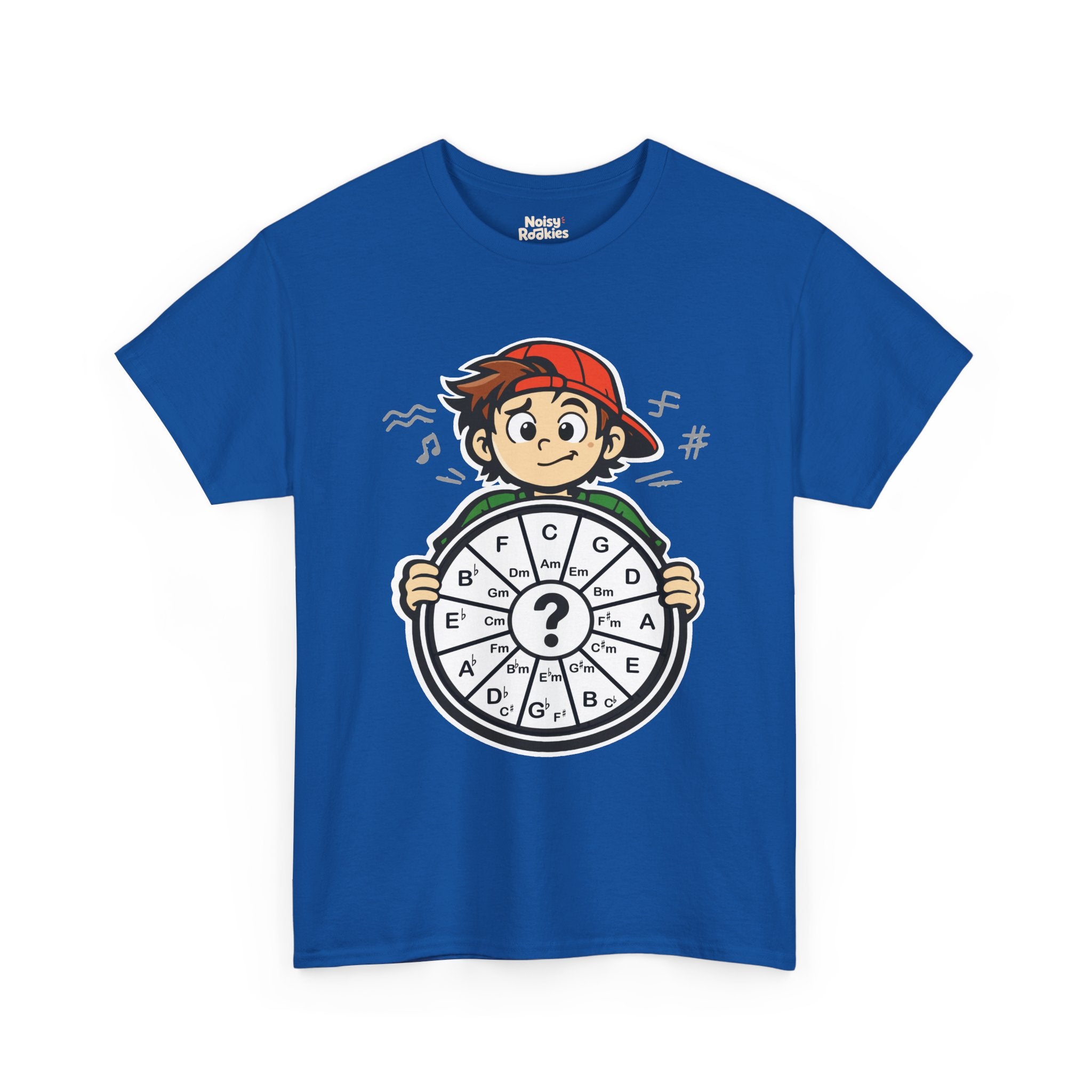 Dark-shirt design of a confused cartoon kid in a backward cap holding up a hand-drawn circle of fifths wheel with a large question mark in the center.