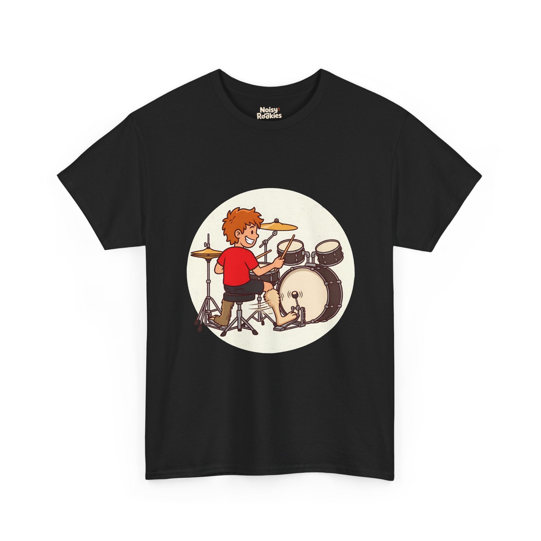 Cartoon of a grinning beginner drummer at a kit, seen from behind, with two mismatched furry animal legs, one fast rabbit foot on the bass pedal and one slow sloth foot on the hi-hat.