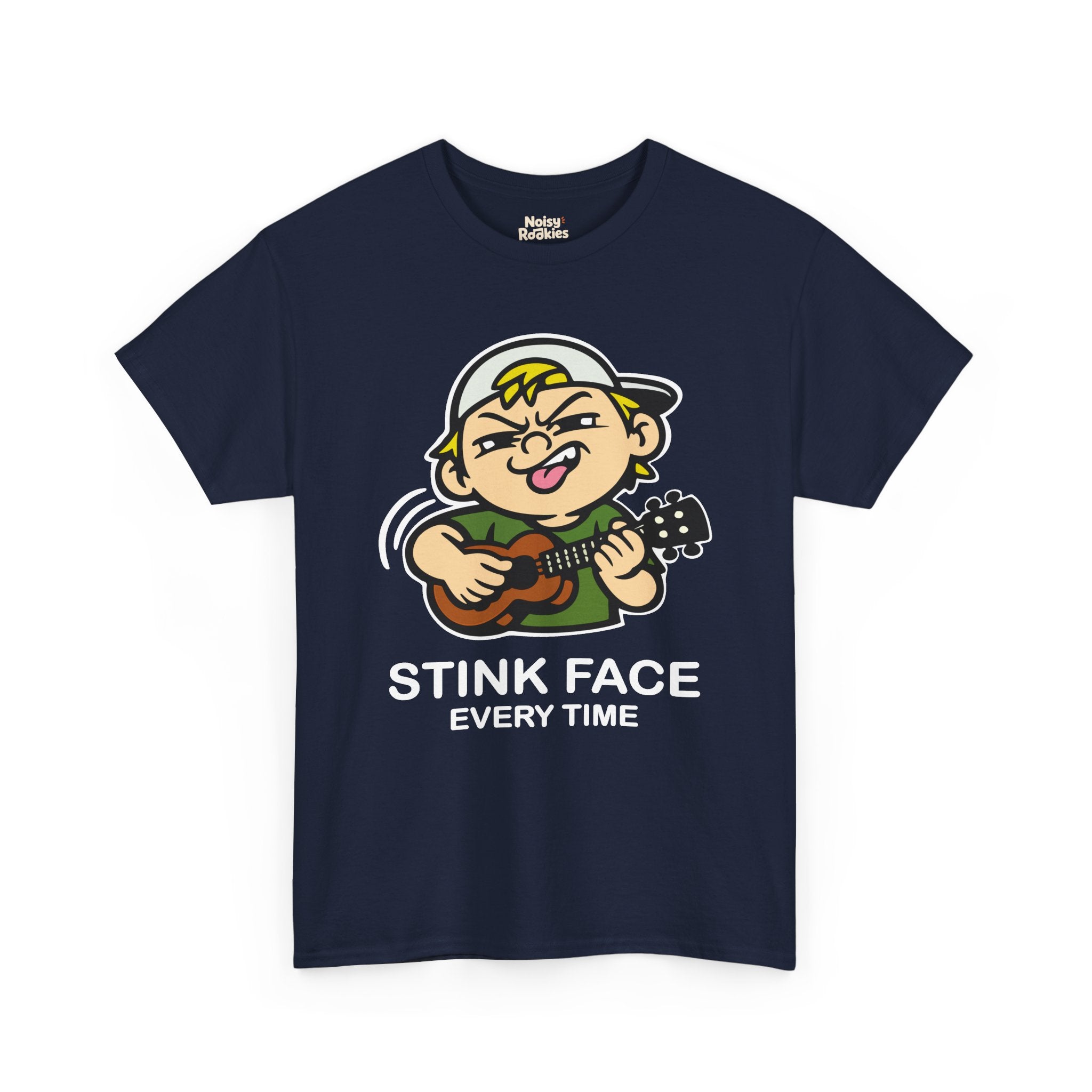 The same cartoon kid strumming a ukulele with the concentration grimace, outlined in a white keyline so the black linework lifts off a dark shirt. White caption beneath reads STINK FACE on the first line and EVERY TIME on the second.