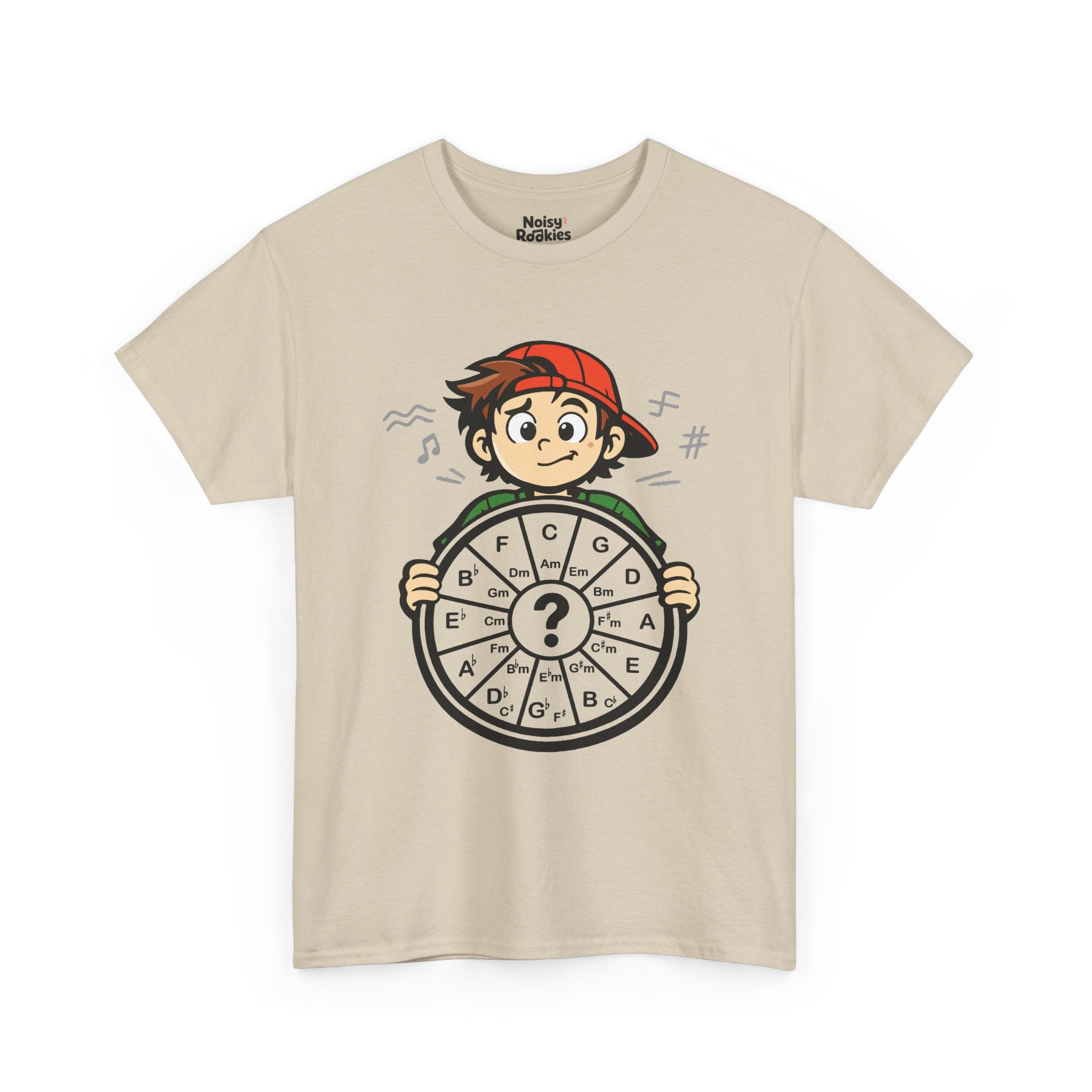 Light-shirt design of a confused cartoon kid in a backward cap holding up a hand-drawn circle of fifths wheel with a large question mark in the center.