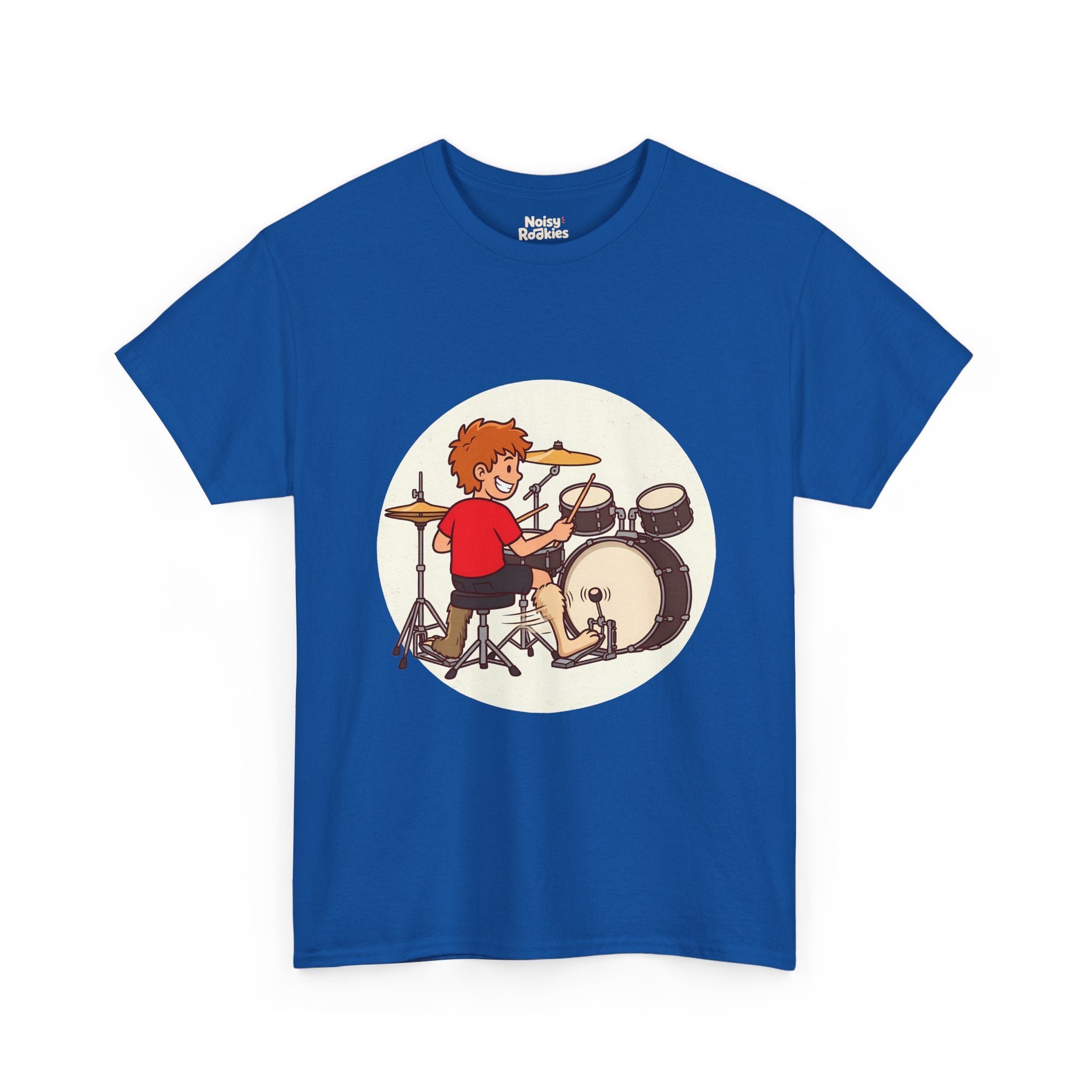 Cartoon of a grinning beginner drummer at a kit, seen from behind, with two mismatched furry animal legs, one fast rabbit foot on the bass pedal and one slow sloth foot on the hi-hat.