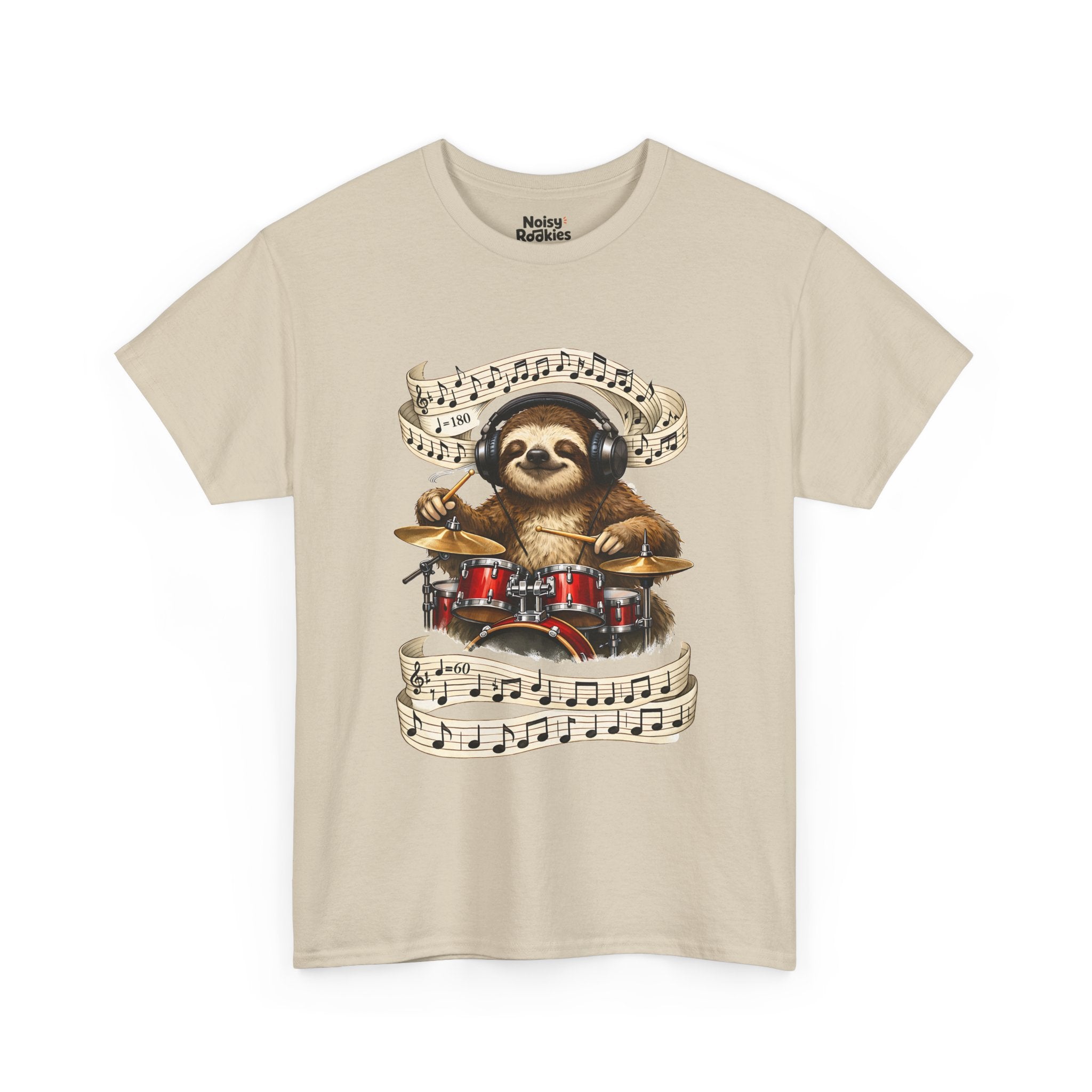 Illustration of a happy sloth wearing headphones, eyes closed and smiling, playing a bright red drum kit with drumsticks while ribbons of sheet music swirl around it, one marked 180 beats per minute and one marked 60.