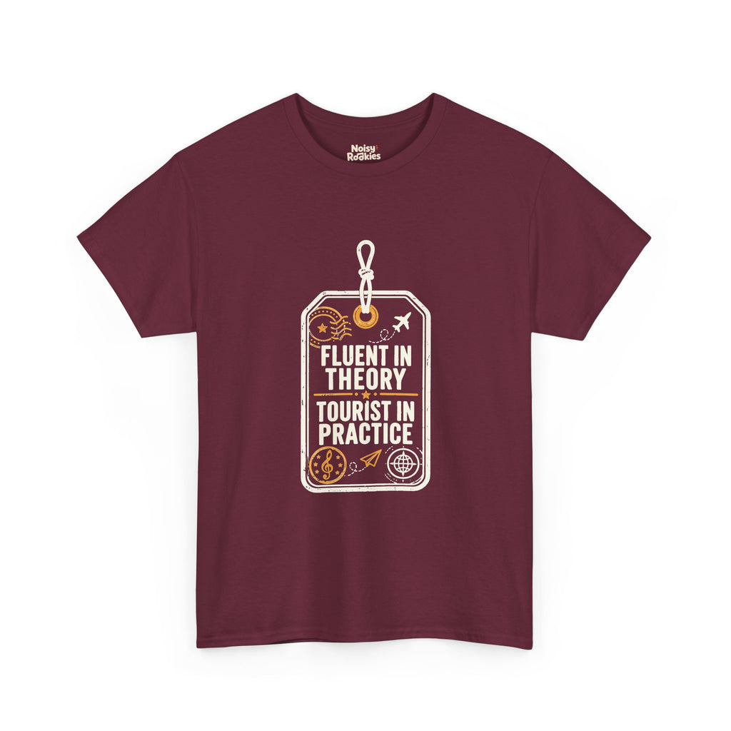 Vintage luggage tag graphic in light grey and gold reading Fluent in Theory, Tourist in Practice, with a treble clef passport stamp, airplane flight path, paper plane, and globe compass doodles.