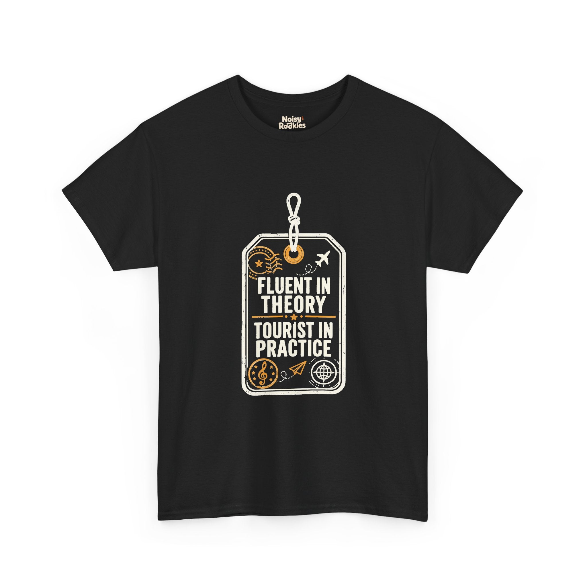 Vintage luggage tag graphic in light grey and gold reading Fluent in Theory, Tourist in Practice, with a treble clef passport stamp, airplane flight path, paper plane, and globe compass doodles.