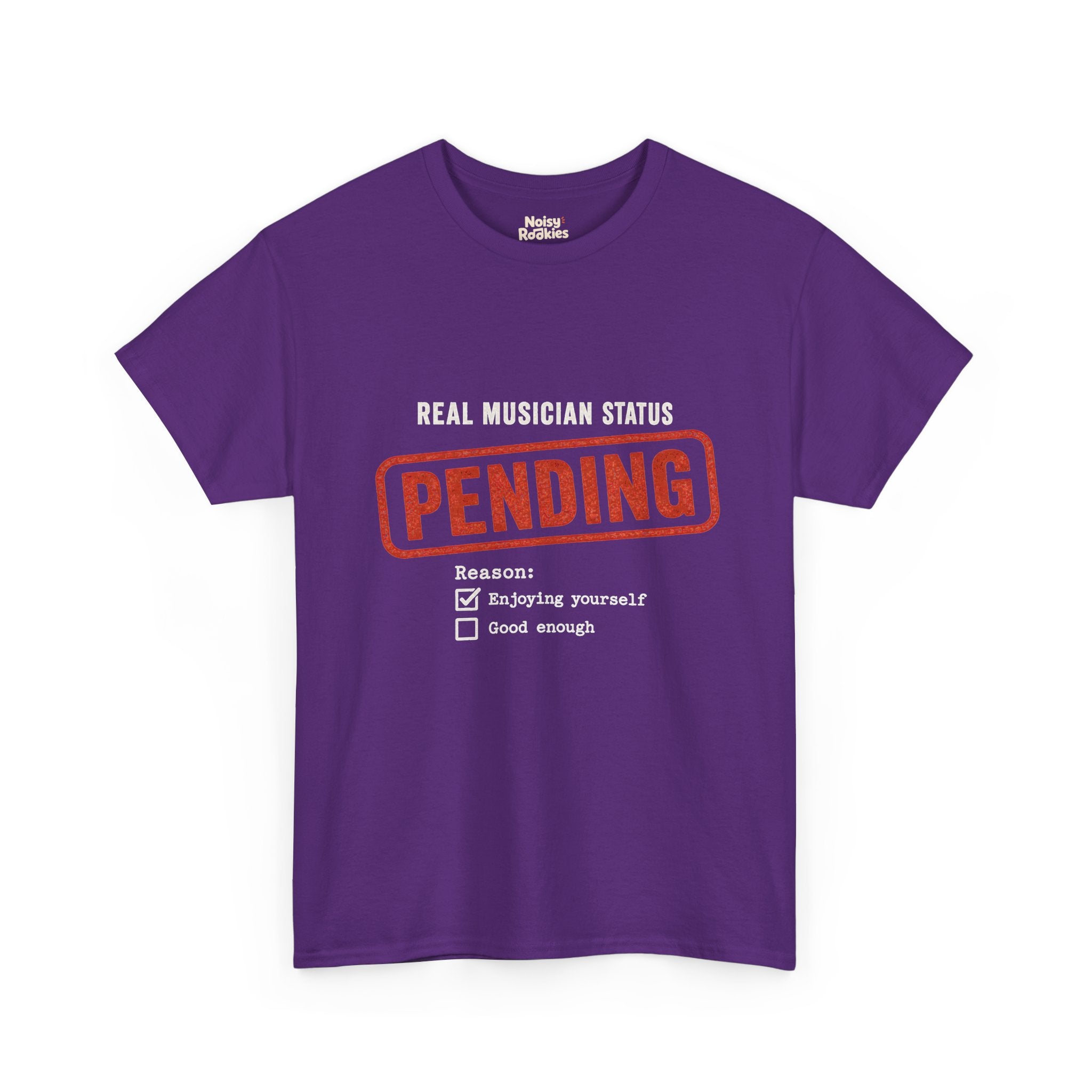 Typographic form design reading Real Musician Status with a large distressed red-orange PENDING rubber stamp, above a Reason checklist with Enjoying yourself checked and Good enough unchecked, printed in cream ink.