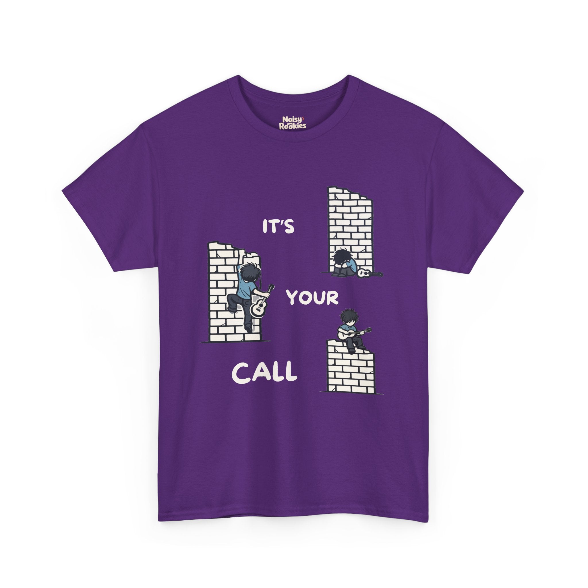 Cartoon scene on a dark tee: three small guitarists at a brick wall (one slumped, one climbing, one playing on top) with white "IT'S YOUR CALL" lettering