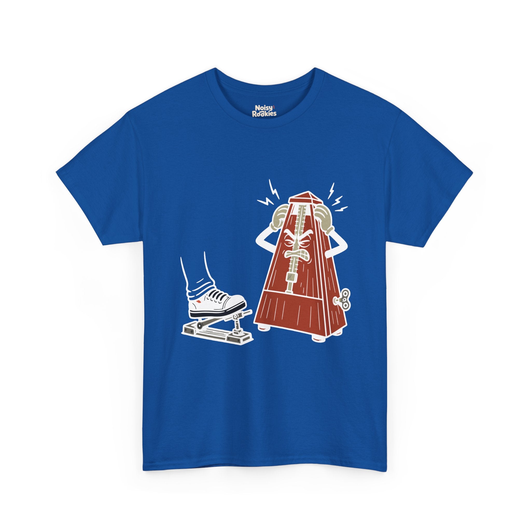 Cartoon illustration of a rust red wooden wind-up metronome character with an angry, gritted-teeth face, gripping the sides of its own head with both gloved hands while jagged anger bolts radiate around it, glaring at a motionless sneaker resting on a hi-hat pedal. Cream and white line work, no text on the design.